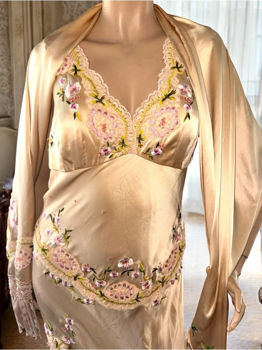 Old Hollywood romance vintage Sue Wong 90s champagne silk rose embroidered gown - Picture 5 of 5
